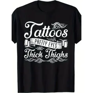 Men'S Plus Size Funny Tattoo Sibling Saying T-Shirt - 100% Black Loose Fit with "Tattoos Pretty Eyes & Thigh Thighs" Lace Sleeve Print - Humorous Birthday/Christmas Gift for Brothers, Casual & Tattoo Party Wear, Crew Neck Short Sleeve Shirt for Body