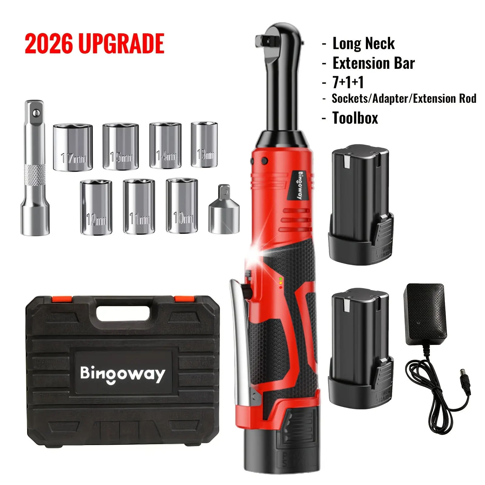 Bingoway Extended 3/8" Long Neck Cordless Electric Ratchet Wrench Full Set for Mechanics, 45 ft-lb Torque Motor, 2x2000mAh Li-Ion Batteries, 1 Charger, 8 Sockets, Tool Box, LED Light, Mechanics’ Tools Gift, Mechanic, Diy Users