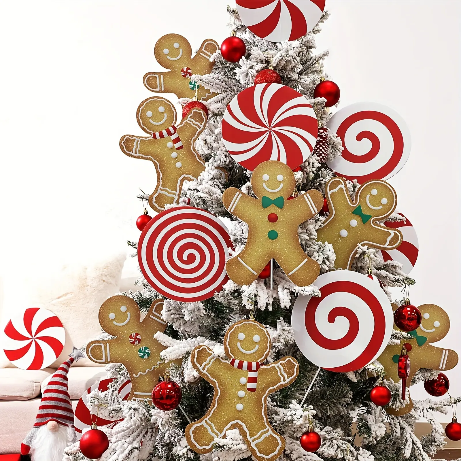 Large Gingerbread Man Christmas Tree Decorations Set, and Mint Candy Ornaments, Rustic Plastic Festive Decoration for Home School Office Festival Decorations