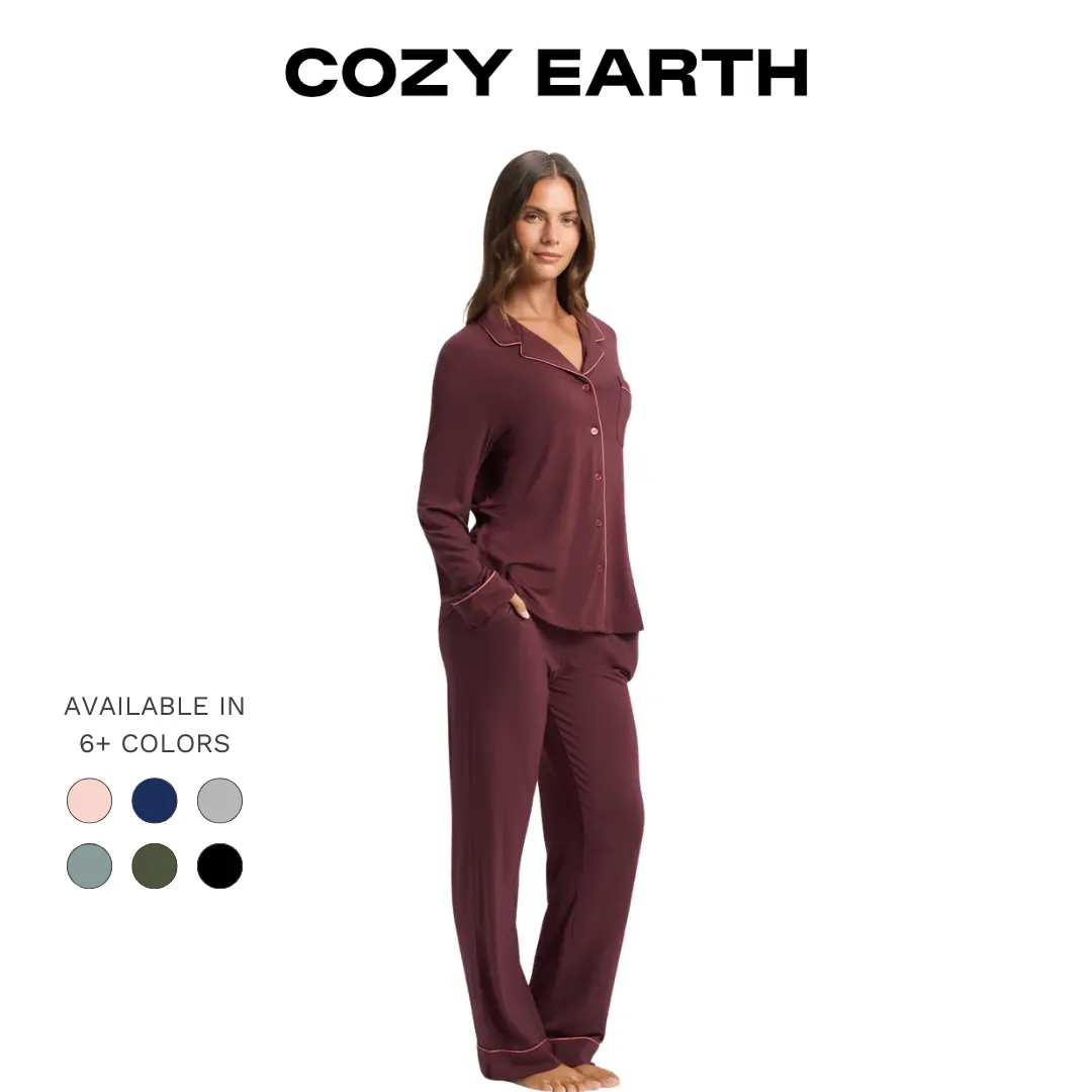 Cozy Earth Women’s Bamboo Stretch-Knit Long Sleeve Pajama Set | Soft, Breathable, Lightweight Set | Elastic Waistband, Pockets, and Moisture-Wicking Loungewear Womenswear