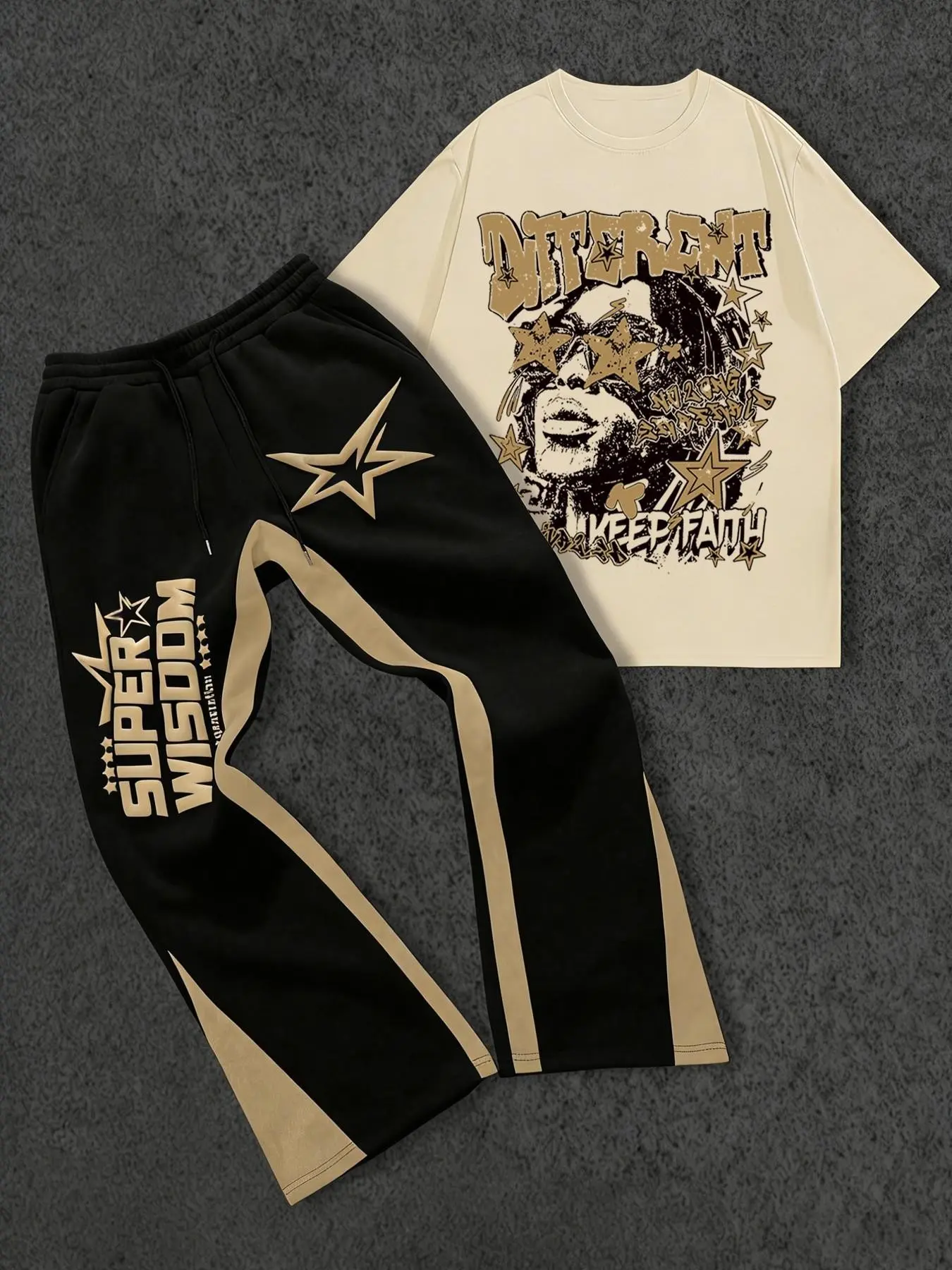 Men's Two-Piece Set Includes Star Letter Graphic Pattern T-Shirt and Pants, Round Neck Short Sleeve, Knitted Fabric, Casual Clothing Set, Casual Daily Wear, Matching Sets, Graphic Tee Set