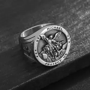 Vintage Engraved St. Michael Medallion Signet Ring for Men | Fashion Jewelry | Gift Selection | Edgy & Stylish | Waterproof & Corrosion-Resistant Material