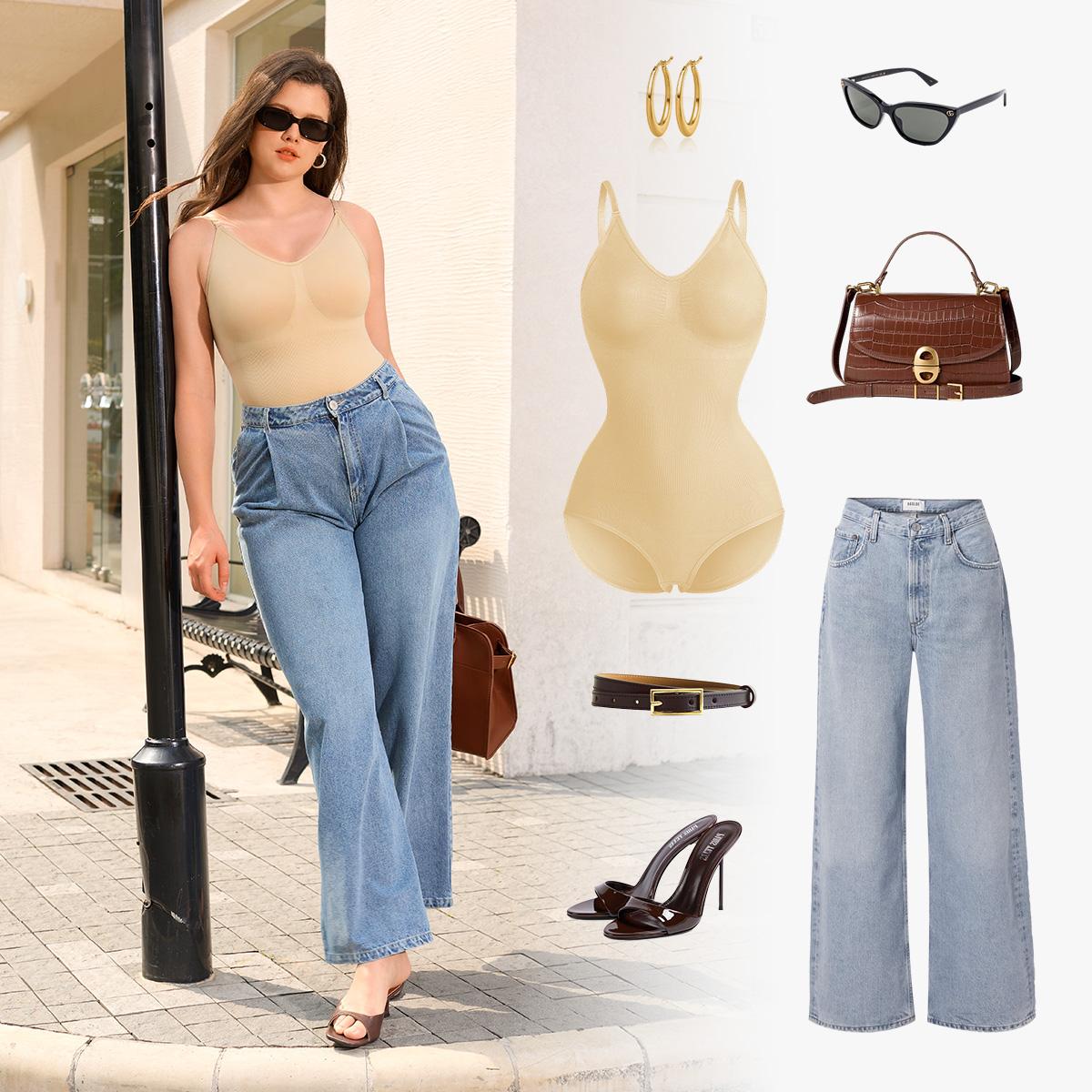 【LIVE】Nebility Women's V-Neck Shapewear Set - Seamless Bodysuit & Camisole, Hip Lift & Tummy Control, Basic Comfort Style High Waisted Shapers Spaghetti Strap