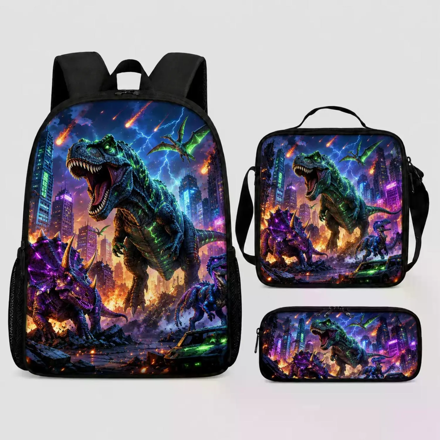Dinosaur Backpack Set: 3PCS School Bag, Lunch Bag & Pencil Case for Kids, Roaring T-Rex Design, Large Capacity Backpack for Elementary Students, Cool Dino City Graphic, Perfect Back to School Gift