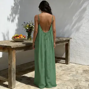 New Women'S Camisole Backless Loose Long Home Wear Dress | Beach Skirt Swimsuit, V-neck, Medium Stretch Fabric, Straight Hem, Elegant Style for Spring/Summer