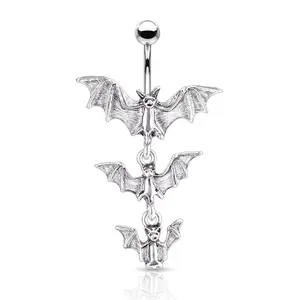 Gothic Triple Vampire Bat Dangling Belly Button Ring - Stainless Steel