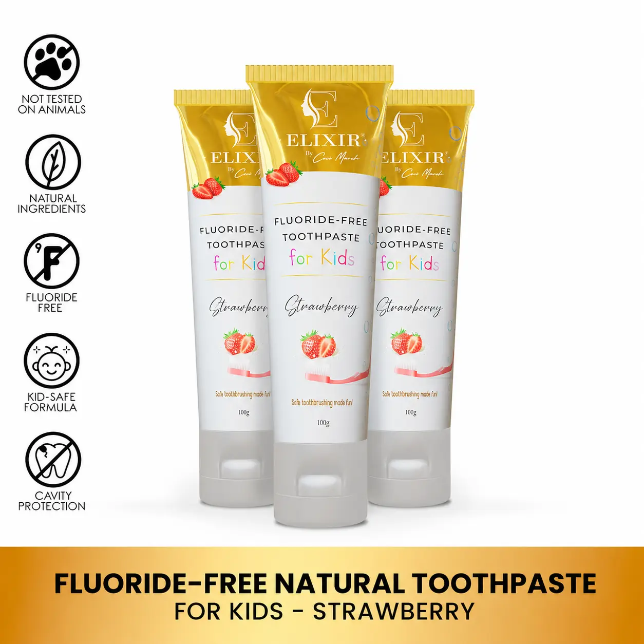 3 Pack of Elixir by Cocó March Fluoride Free Natural Toothpaste for Kids, Delicious Strawberry Flavor, Fresh Breath, Clean Teeth and Healthy, 100g Oral Gentle