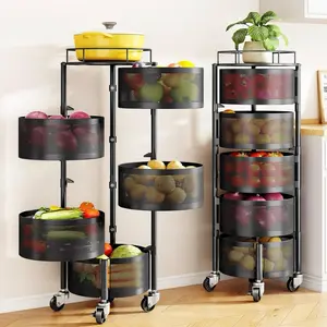 Kitchen Storage Cart, 5-Tier Metal Rolling Carts with Wheels and Basket Rotating Storage Rack, Rolling Snack Cart, for Fruit Potato Onion Vegetable Snack(12.5 * 12.5 * 37.6in) Black