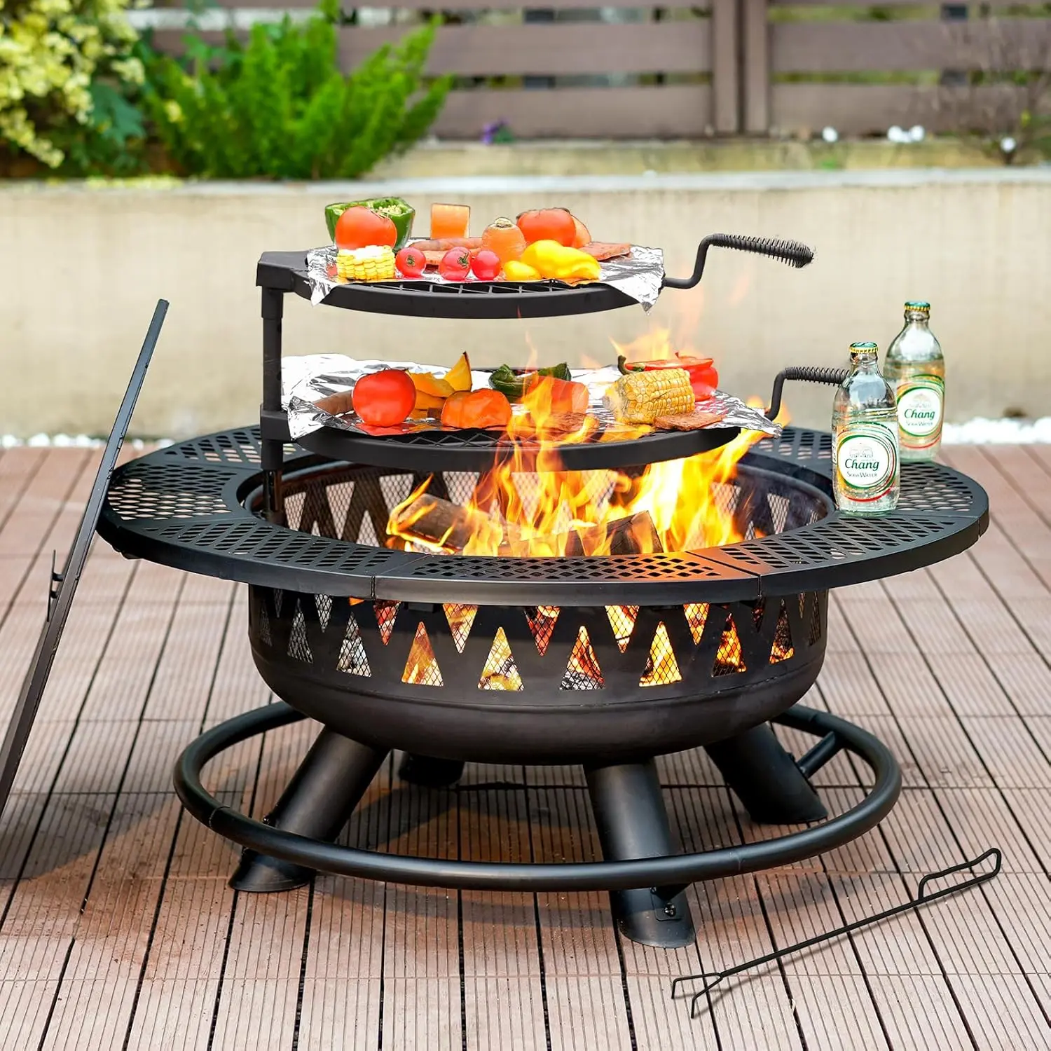 Outvue 36/42/47-Inch Wood Burning Patio Fire Pit - 3-in-1 Round Metal Table with Lid, 2 Grills, Fire-Ring Safety, Floor Mount for Backyard Group Gatherings, Outdoor Use
