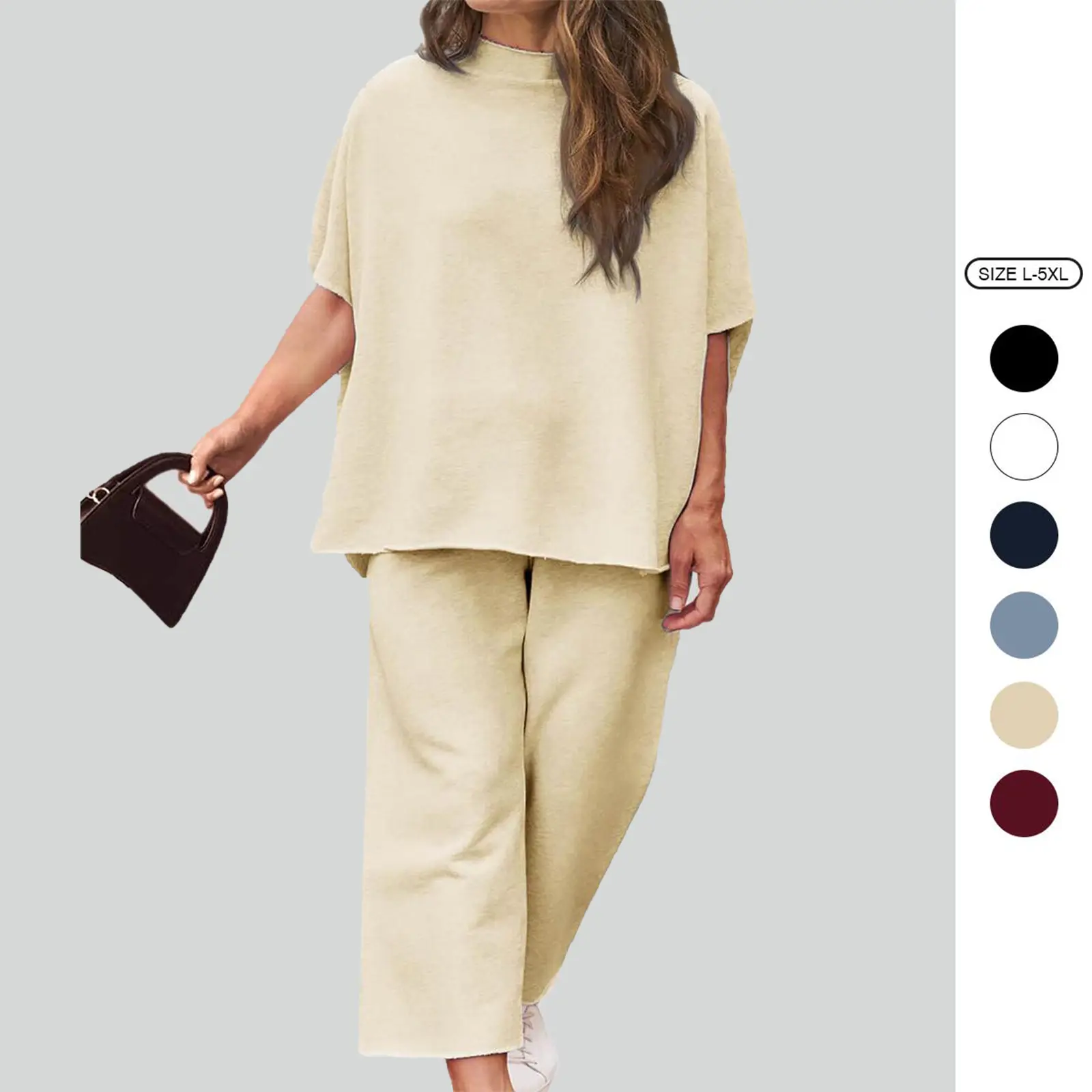 Imily Bela 【L-5XL】Women's Plus Size 2 Piece Outfits 3/4 Batwing Sleeve Capelet Crew Neck Pullover Top Wide Leg Pants Lounge Set