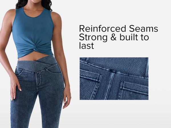 BRXL Women's High Waisted Stretchy Crossover Denim Pants, Flare Bootcut Sports Bottoms with Pockets, Trendy Flattering Streetwear Bottoms