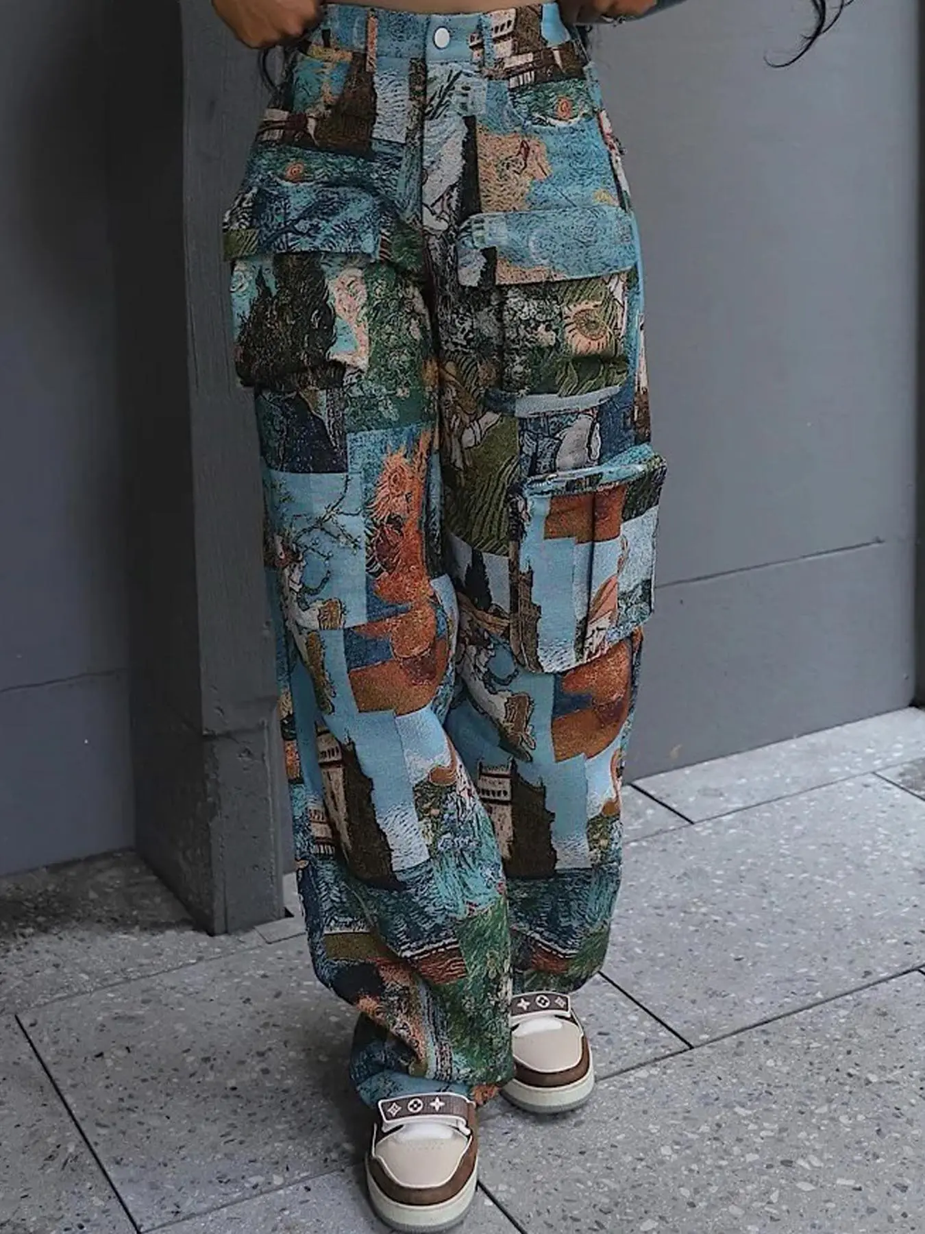 Women's Patchwork Art Print Vintage Pocket Cargo Pants, Casual Outdoor Trousers, Casual Street Trousers for Daily Wear, Ladies Bottoms for All Seasons, Baggy Pants, Womenswear