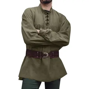 Runcati Mens Medieval Pirate Shirt Steampunk Viking Renaissance Long Sleeve Lace Up Scottish Halloween Costume Tops