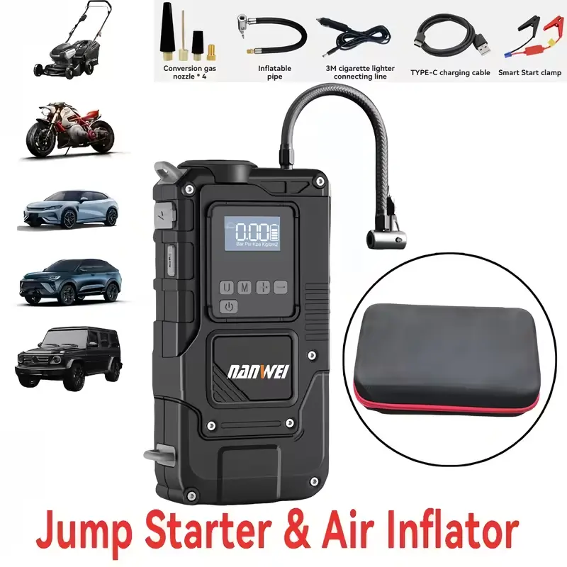 7-in-1 portable car jump starter with 150PSI tire inflator, suitable for 2.64-gallon gasoline or 2.38-gallon diesel engines, features a smart display, LED lighting, and power bank functionality. Automotive Tool Kit Car Jack Kit Car Essentials Vehicle