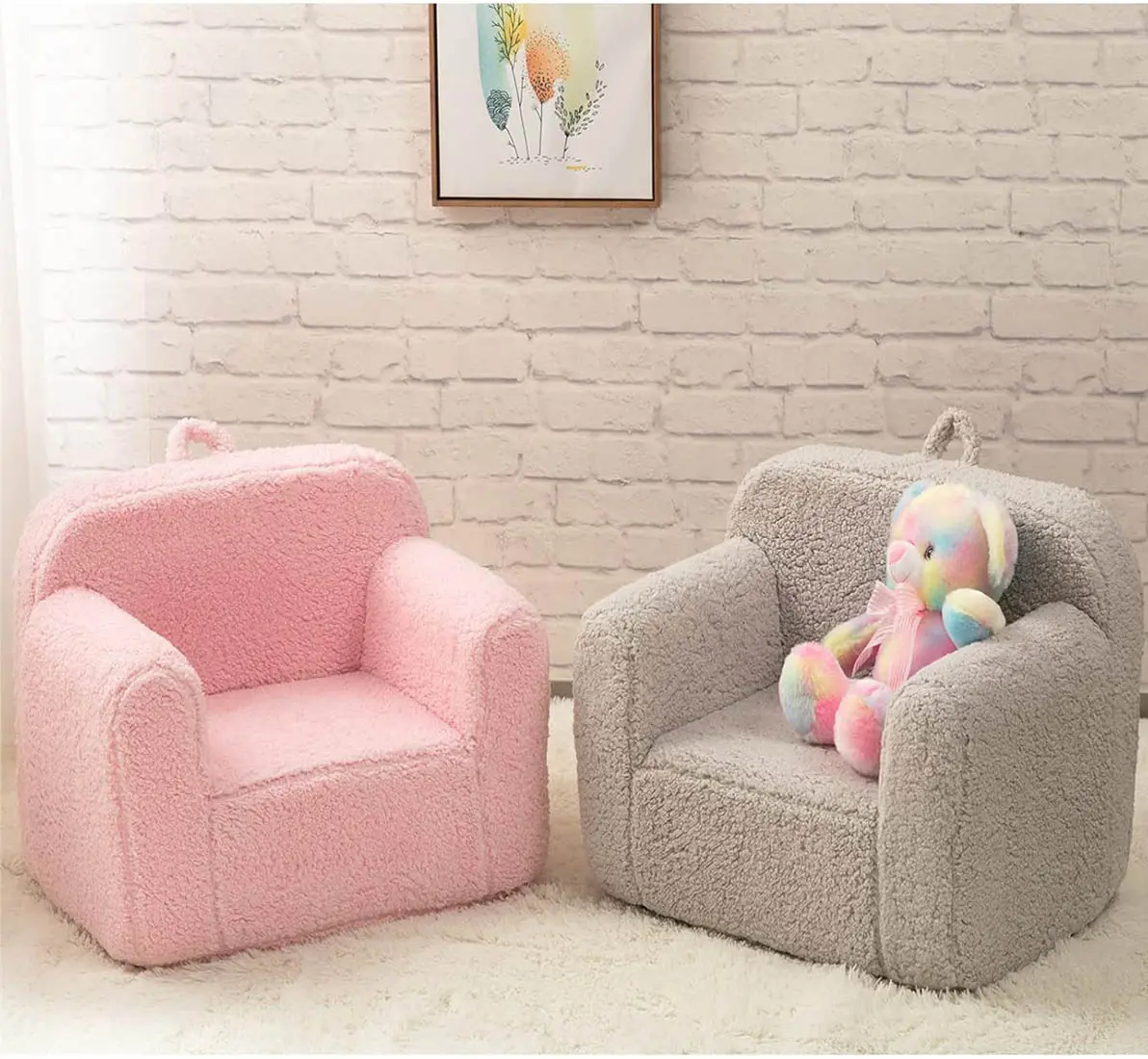 Toddler Sturdy Armchair with Armrests for Ages 1-6, Soft Sherpa Kids Sofa with Book Pocket & Carry Handle, Comfy Single-Seat for Playroom Reading Nook, Birthday Gift for Boys & Girls