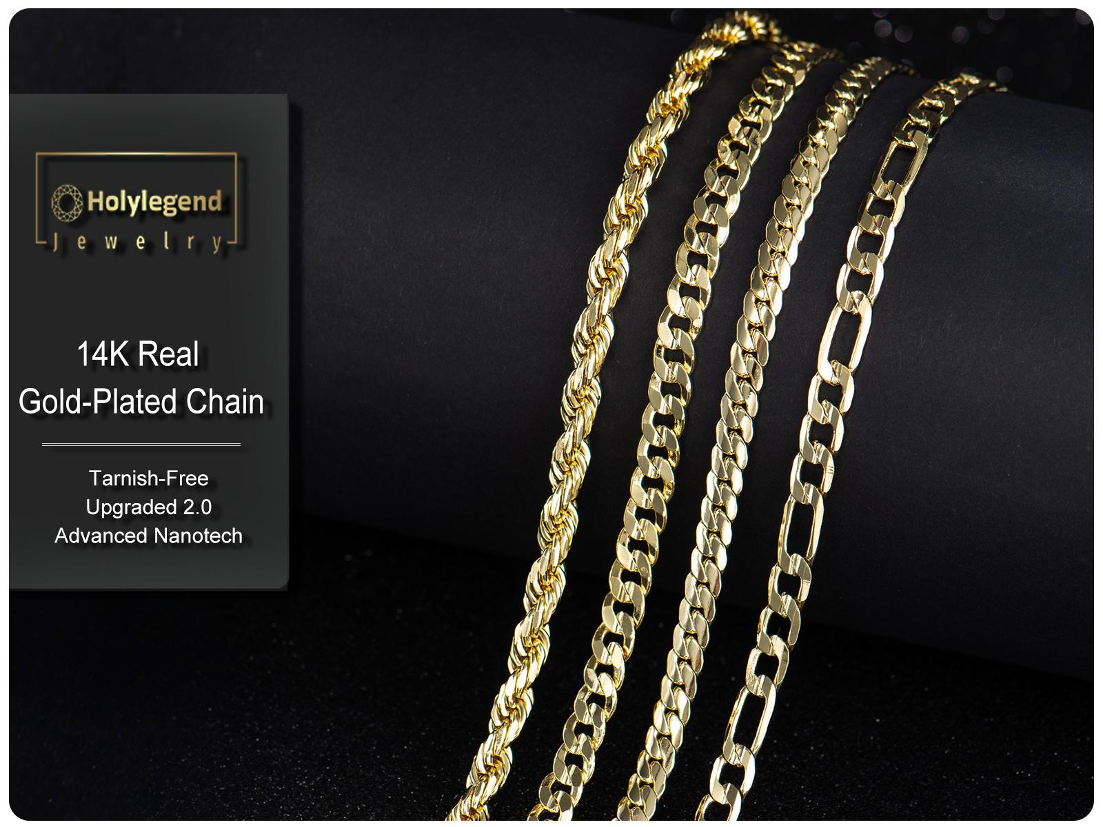 Holylegend 14K Real Gold-Plated Rope, Figaro, Miami, Cuban, Byzatine, Franco Necklace Chain 24 Inches Long,Tarnish-Free, 8mm/10mm Width, Secure Clasp