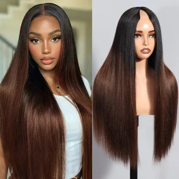 Tinashe Ombre Brown Yaki Straight V Part Wig Minimal Leave Out Natural Scalp Human Hair Wig