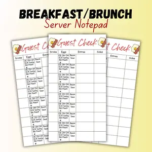 Breakfast/Brunch Guest Check Server Pad with Egg temperatures and bacon or sausage options to circle, premium server book for restaurants