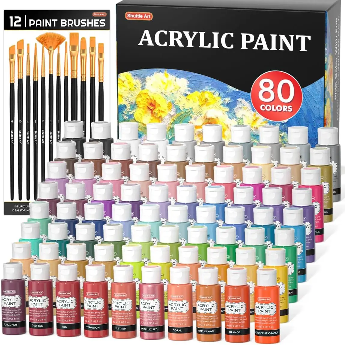 42/80 Colors Acrylic Paint, Shuttle Art Acrylic Paint set with 12 Paint Brushes, 2oz/60ml Bottles, Rich Pigmented, Water Proof, Premium Paints for Artists, Beginners on Canvas Rocks Wood Ceramic,back to school,back to school haul