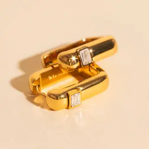 Crystal Chunky Rounded Rectangle Huggie Hoop Earrings