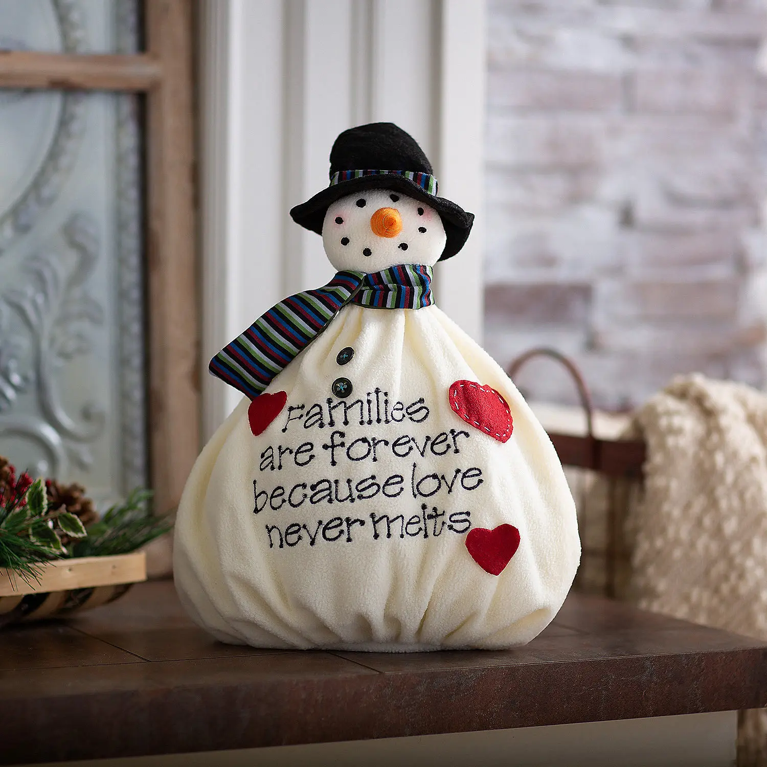 13" x 12" Felt Softy the Snowman Plush Stuffed Ornament, Holiday Decorative Decoration with Festive Scarf, Coal-Black Accents, Cozy Home Supply Table Centerpiece