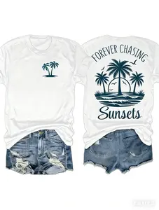 Womens Cotton Short Sleeve Graphic T Shirt Forever Chasing Sunsets Palm Tree Beach Sunset Print Summer Vacation Coastal Casual Tee For Travel Weekend