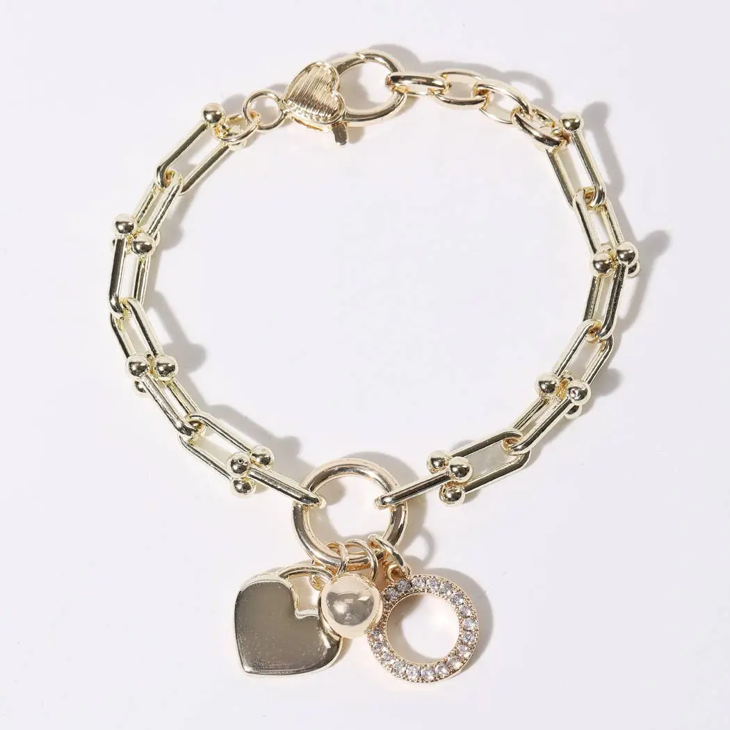 Adults' Gold Link Charm Bracelet with Artificial Crystal Heart Accents - 6.75in Length + 1in Extender, Adjustable Size, Heart-Shaped Clasp, 3 Charms, Modern Edge, Daily Wear Jewelry Accessory, Three Charms