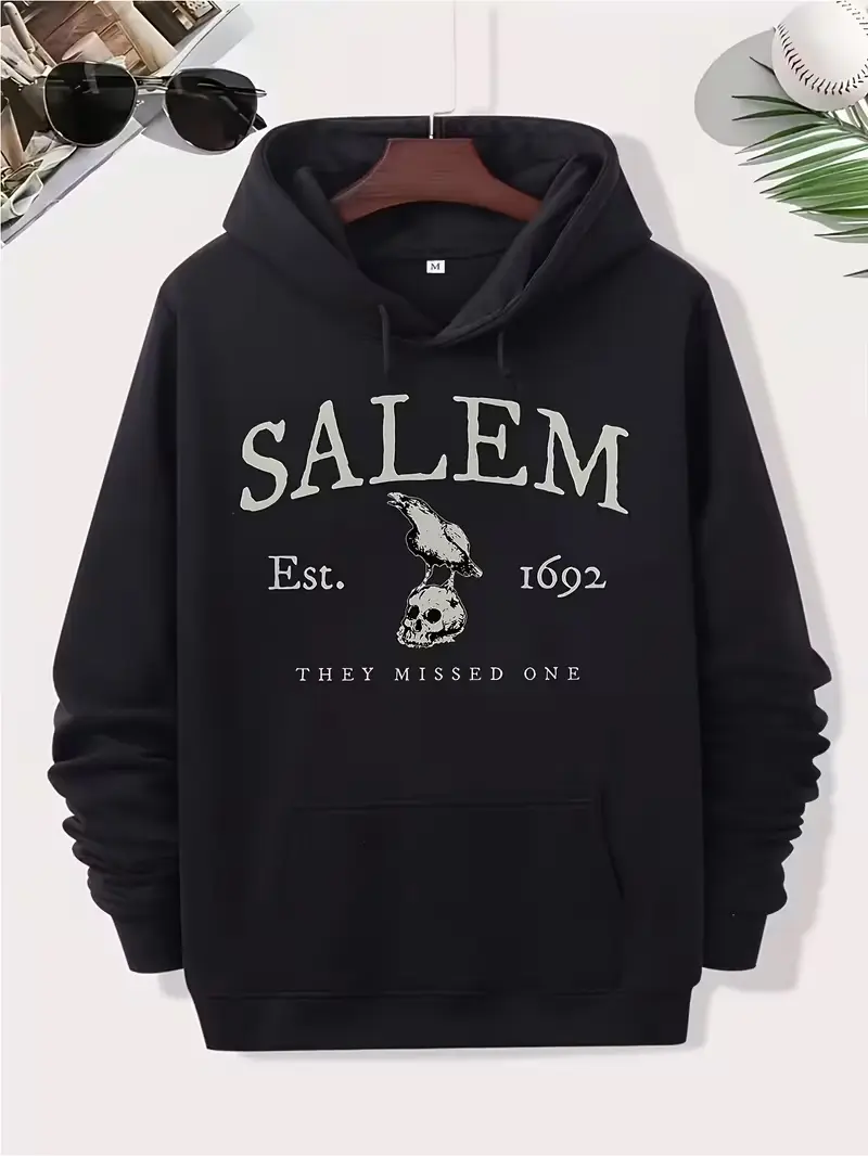 Salem Est 1692 They Missed One Raven Skull Vintage Halloween Pullover Hoodie, Witch History Retro Street Hooded Sweatshirt,clothes for back to school,first day of school outfits