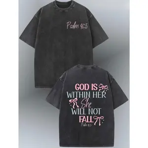 Motion Range 230g Washed Cotton T-Shirt - Dual-Sided Inspirational Design "GOD IS WITHIN HER SHE WILL NOT FALL" & Psalm 46:5, Retro Vintage Loose Fit Unisex Top for Men & Women, Spring Summer Casual Wear