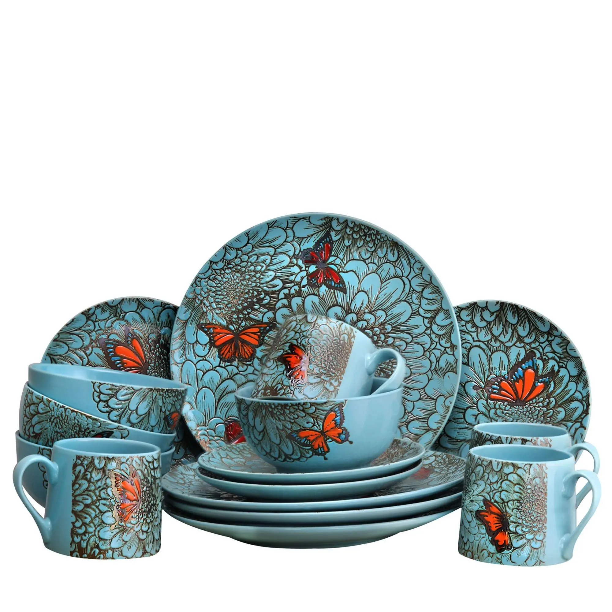 Elama Butterfly Garden 16-Piece Stoneware Dinnerware Set