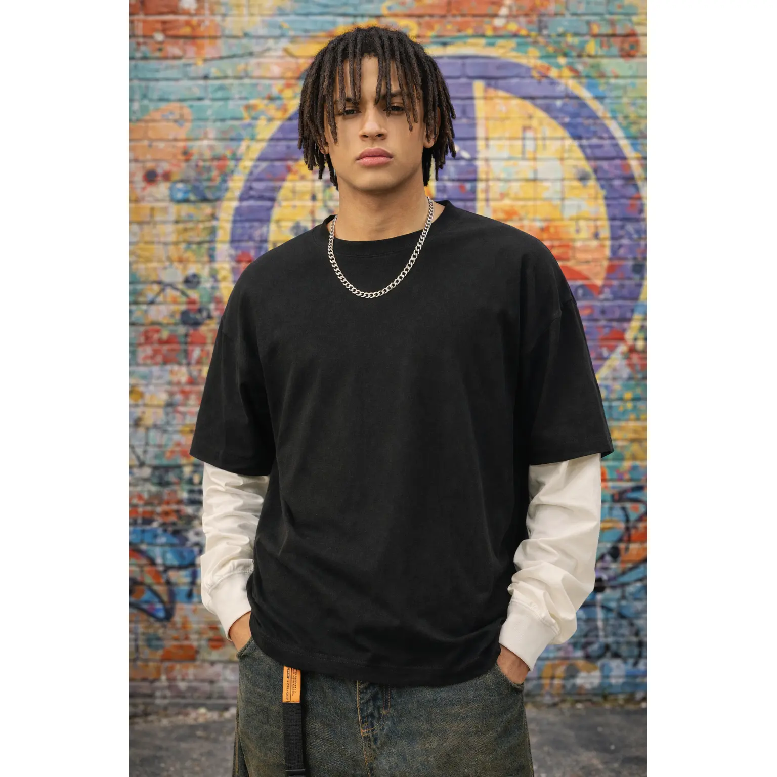 Men's Cotton Heavyweight Long T-Shirt - Classic Streetwear Oversized Drop Shoulder Top with Layered Contrast Sleeves, Round Neck, Back Paint Splatter Graphic, Breathable Fabric, Cold Wash, Do Not Bleach