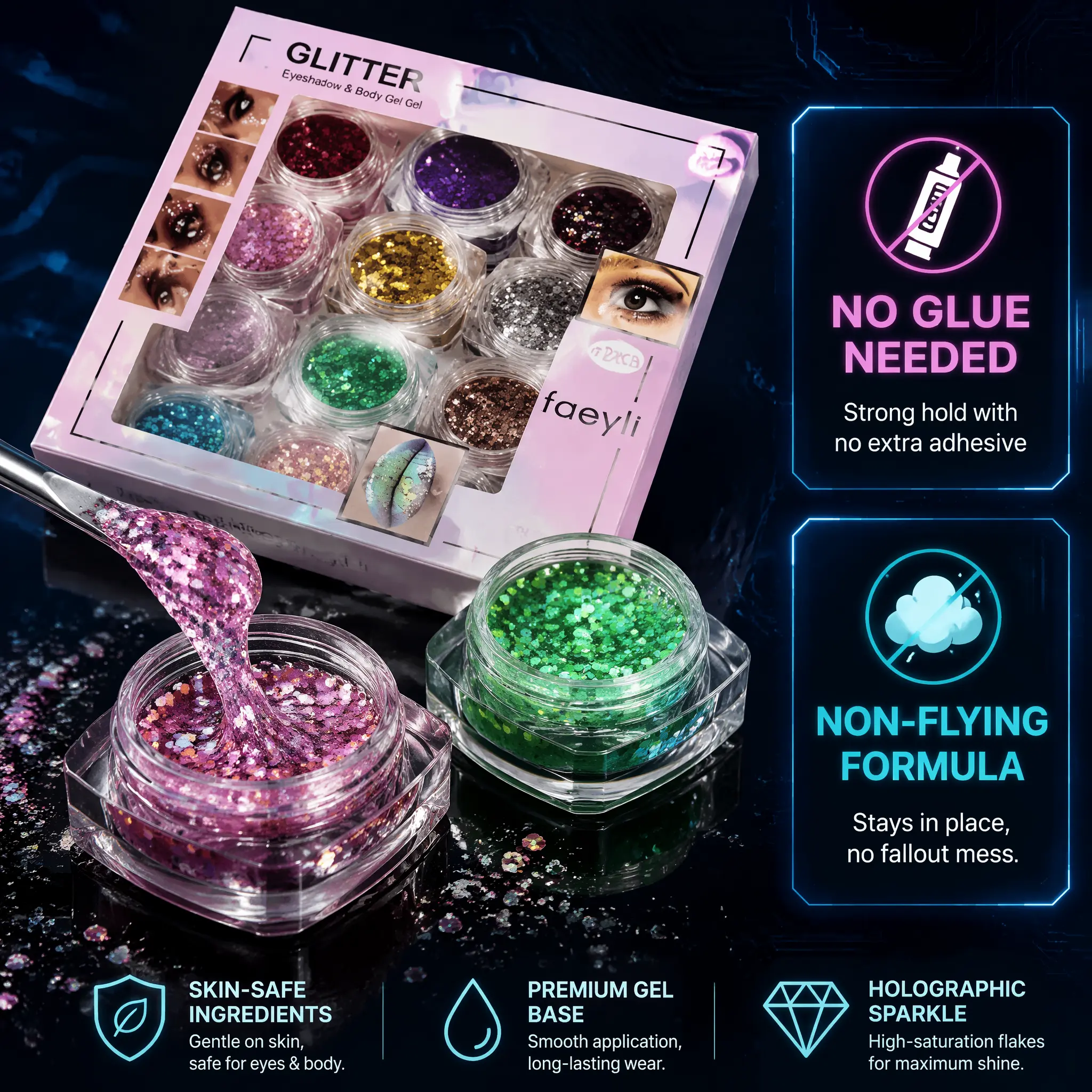 Glitter Eyeshadow & Body Gel Set, Multi-Color Chunky Sequins Eye Glitter, Self-Adhesive Shimmer Face Lip Body Glitter Gel for Stage Makeup, Cosplay, Party Festival Eye Makeup