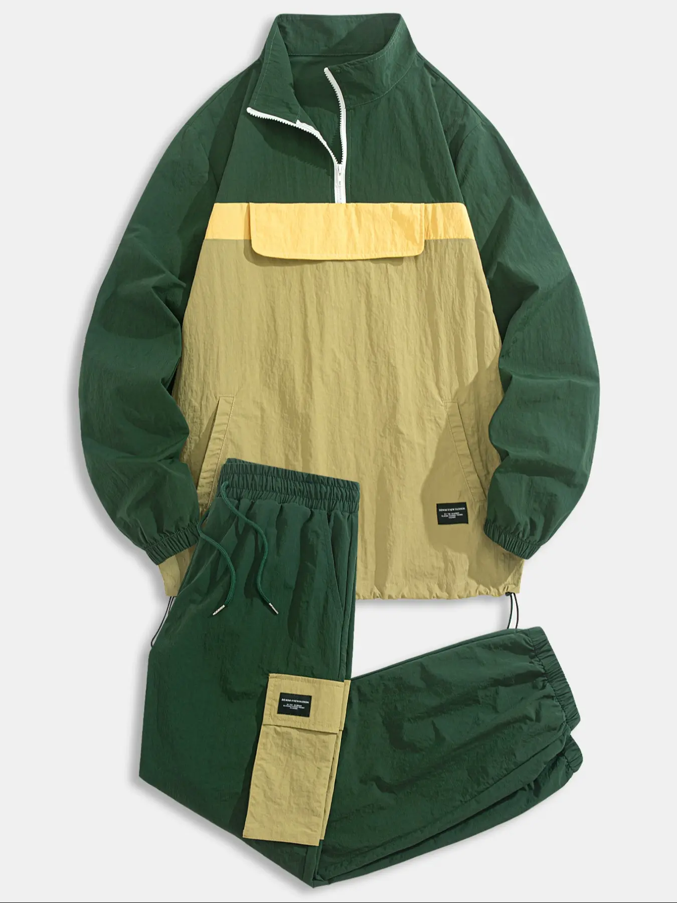 Men's Outdoor Sports Windbreaker Set, Athletic Activewear Tracksuits, Sportswear Set, Half-Zip Hooded Jacket & Drawstring Pants, Colorblock Patchwork Design, Casual Long Sleeve Outerwear, Streetwear Tracksuit Matching Set, Sportswear Street Style