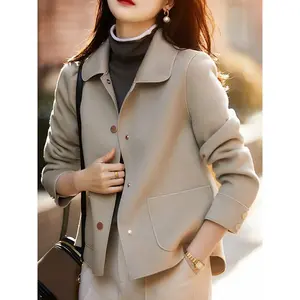 Women's solid color button front pocket pea jacket, elegant spring and autumn long sleeved collar jacket, women's daily clothing