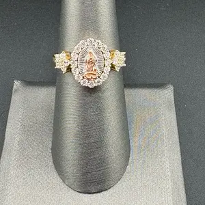 Gold 14k Ring Size 7.25 Virgin Mary Design for Everyday Wear Featuring Detailed Engraving and Sparkling Diamonds