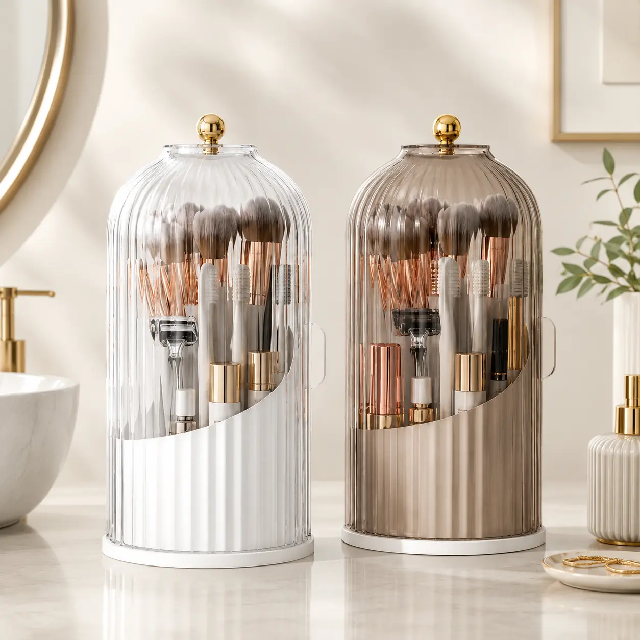 Rotating Covered Makeup Brush Organizer with Clear Dust-Resistant Lid, 3-Section Vanity Storage Stand for Cosmetic Brushes, Razors and Toothbrushes