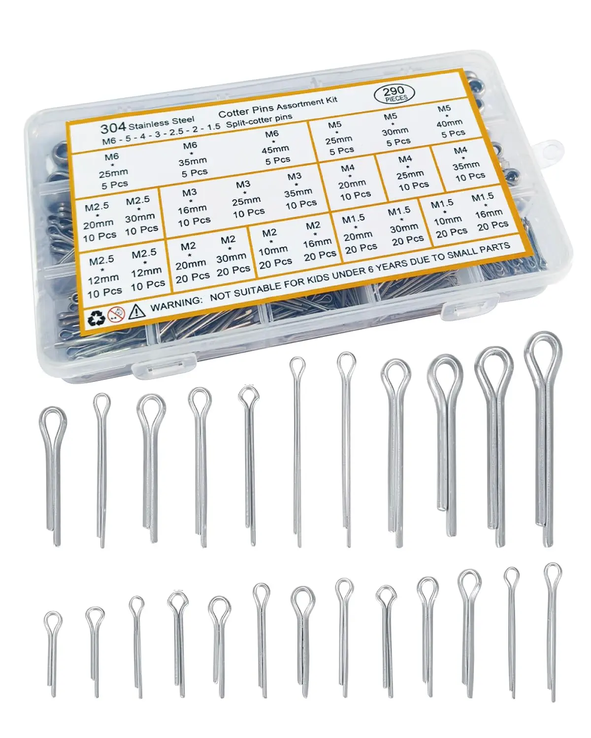 GJANSH 290 Pcs Cotter Pins Assortment Kit, 304 Stainless Steel Split Pins