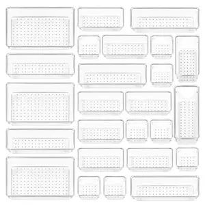 25 PCS Clear Plastic Drawer Organizers Set, 4-Size Versatile Bathroom and Vanity Drawer Organizer Trays, Storage Bins for Makeup Boxes