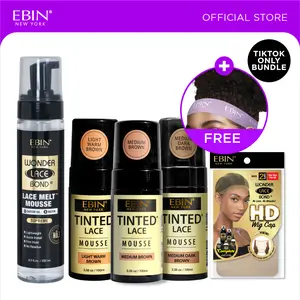 EBIN Tinted Lace Mousse Bundle (Light Warm Brown, Medium Brown, Medium Dark Brown) + Wonder Lace Bond Melt Mousse + HD Wig Caps Bundle with FREE Melting Band| Natural Tone Match, Seamless Lace Melt