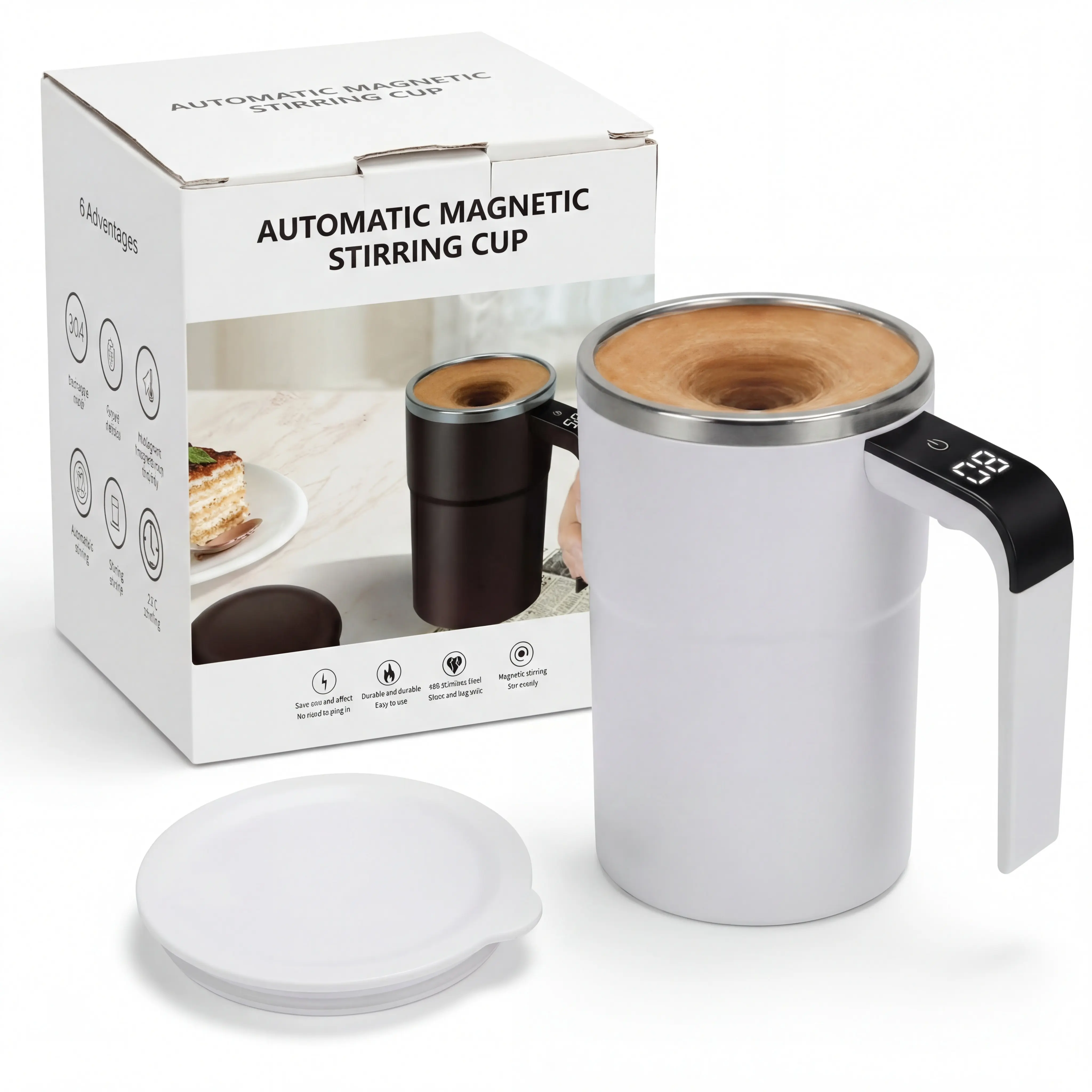 Reusable Washable Stainless Steel Magnetic Stirring Thermal Coffee Cup - 20s Auto Mix, LCD Temp Display, USB-C Rechargeable Lid, Compact Drinkware for Office, Gym, Road Trips, Gift for Fitness Enthusiasts