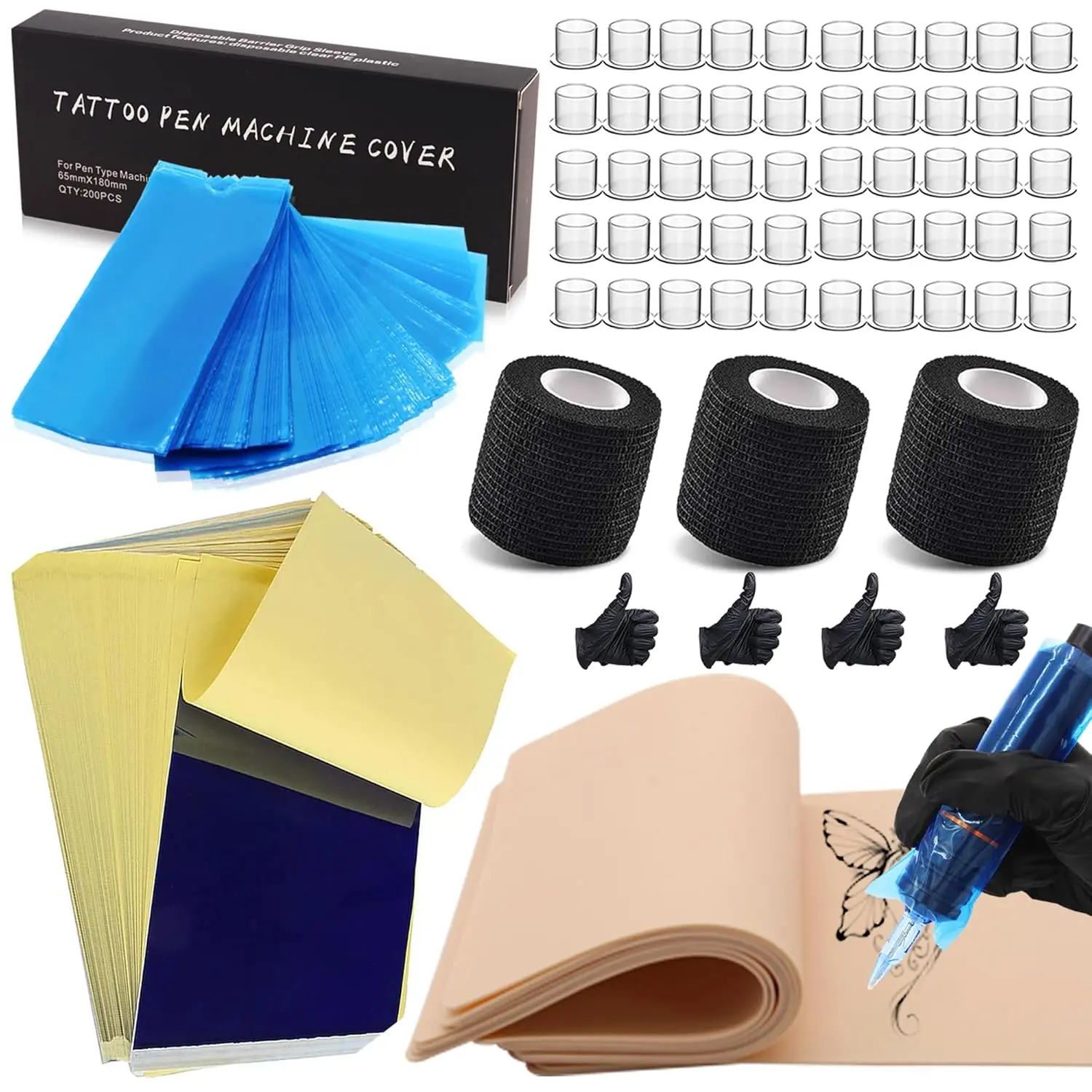 66pcs Durable Carbon Tattoo Fake Skin Transfer Paper Boxed Set - Complete Multi-Size Kit with Transfer Machine, Pen Covers, Ink Cups, Grip Tapes for Studio Beginners (Home Supplies)