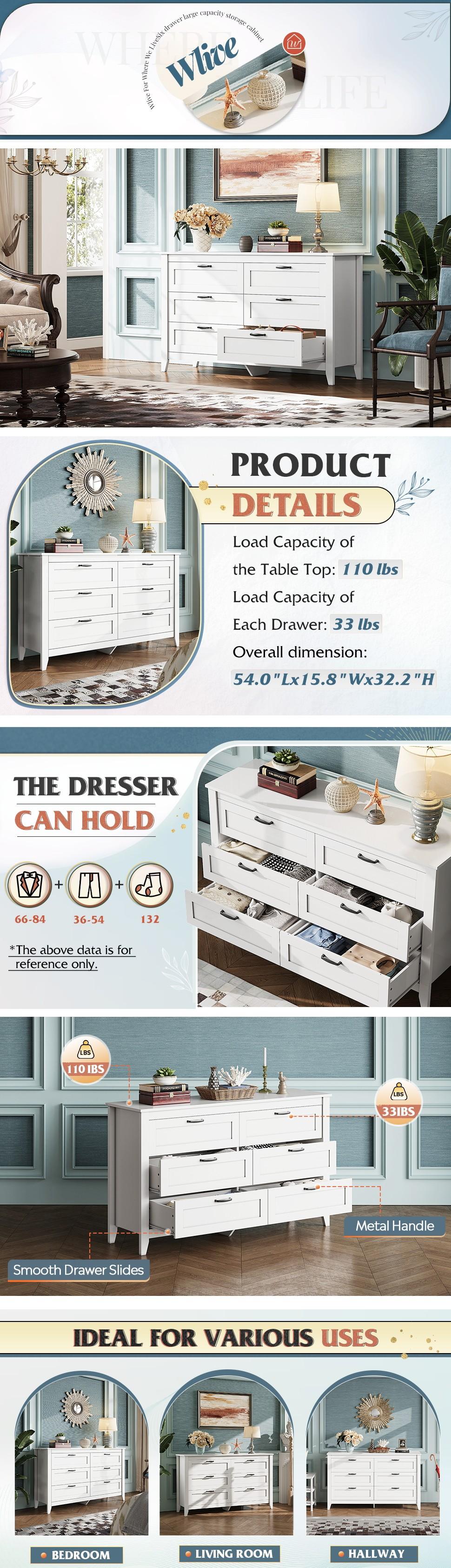 WLIVE Wood Dresser for Bedroom with 6 Drawers, Double Drawer Dresser with Metal Handle, Large Wooden Chest of Drawers for Living Room, Hallway, Closet