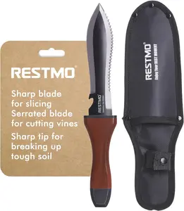 Restmo Hori Hori Garden Knife with Sheath, Durable Weeding and Planting Tools, High-Strength Stainless Steel Dual-Edge Blade, Ergonomic Walnut Handle for Gardening and Outdoor Use