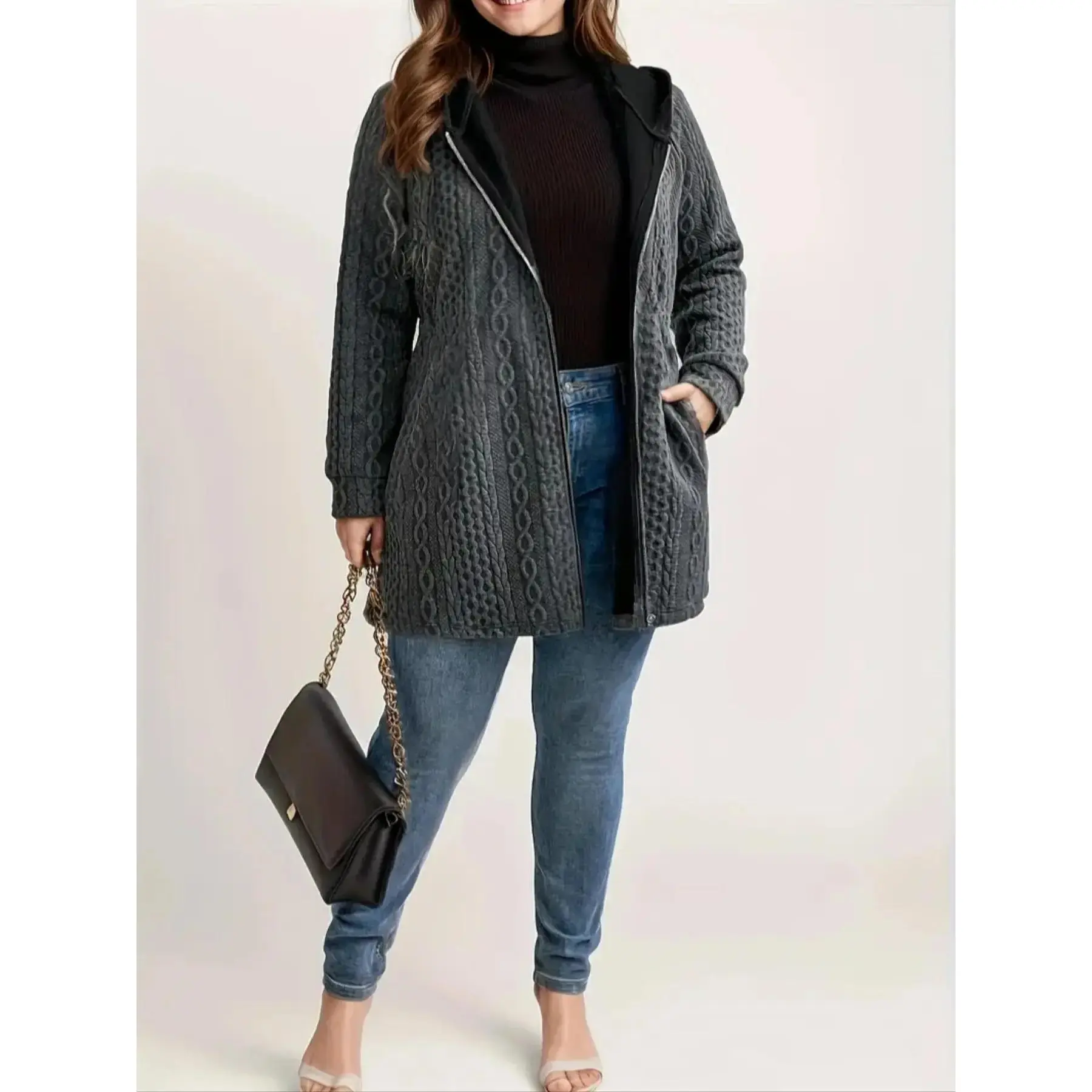 Plus Size Cable Knit Hooded Cardigan– Casual Zipper Front, Trendy Daily Outfit, Cozy Knit Jacket, Office Layering Coat, Y2K Aesthetic Clothes, Matching Jeans & Turtlenecks Knitwear Tops