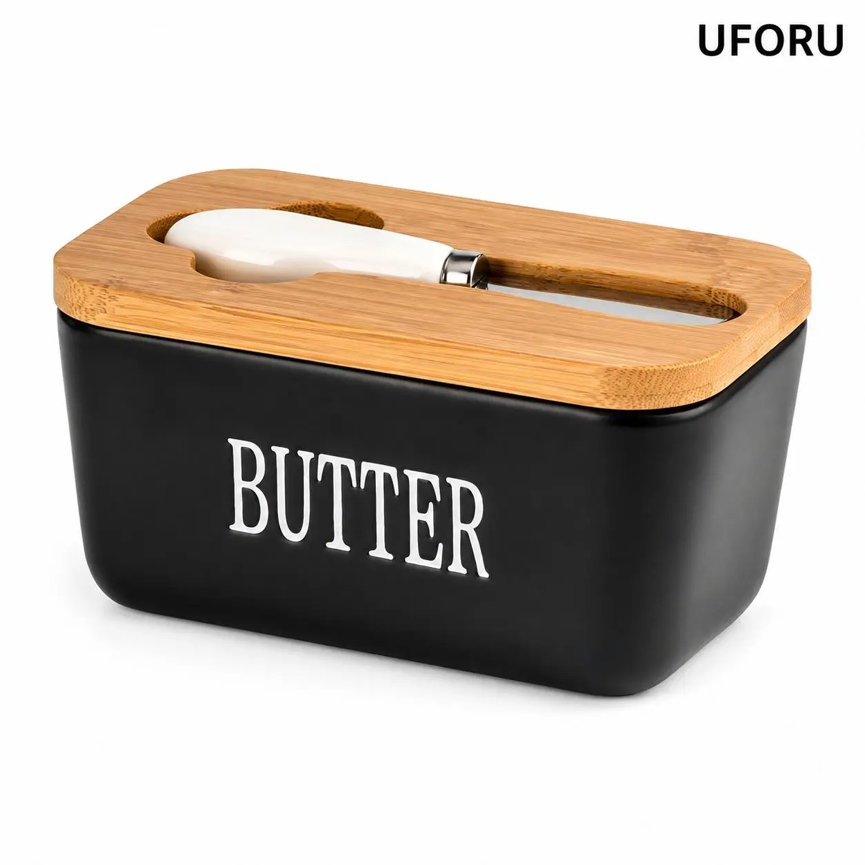 UFORU ceramic butter container with lid and butter knife, countertop luxury butter storage jar, elegant kitchen decorative ornament, butter storage box with silicone seal