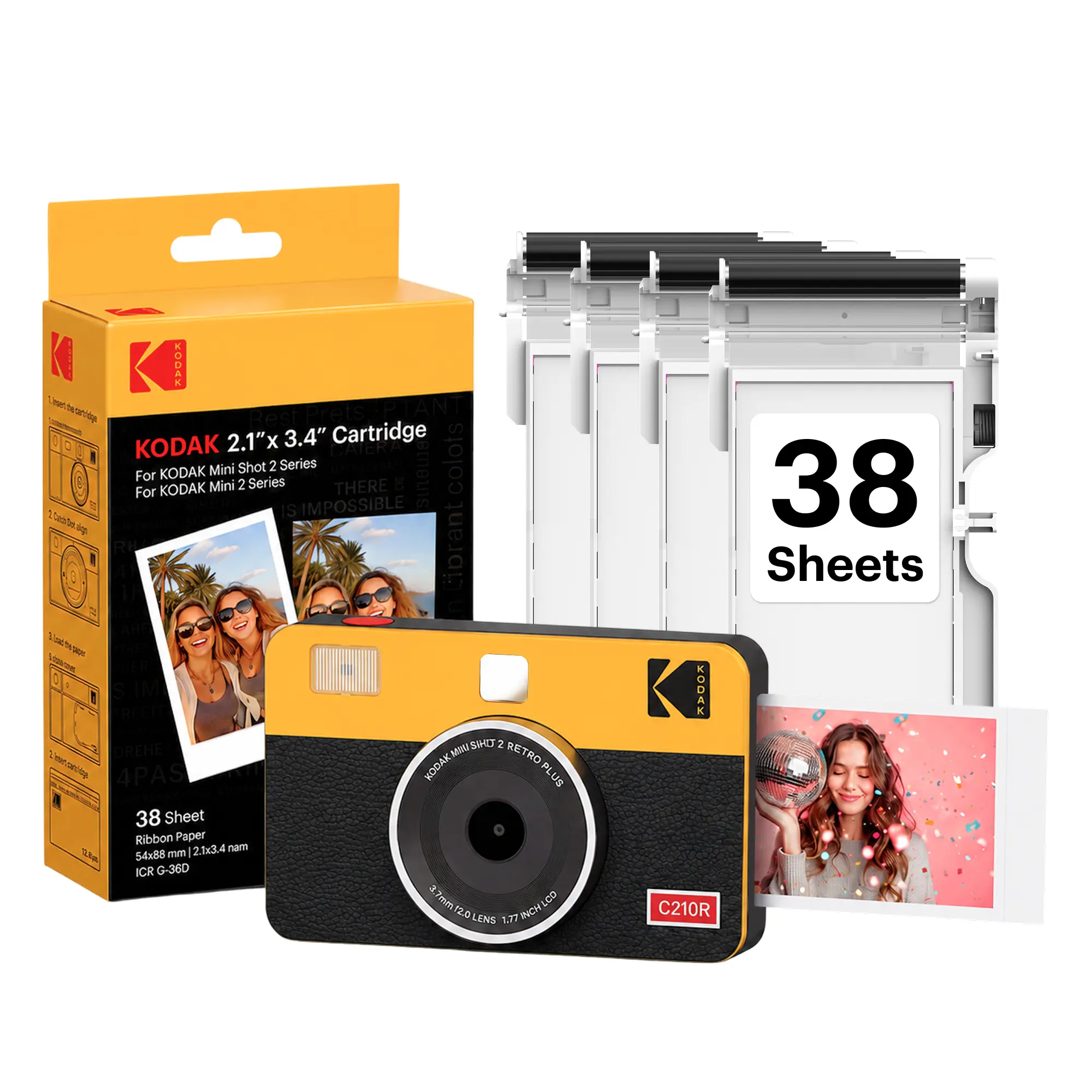KODAK Mini Shot 2 Retro 2x3” Instant Digital Camera & Photo Printer, 38 Sheets, 2-in-1 Portable Print Camera, Bluetooth Smartphone Printer for iPhone & Android, 4PASS Dye Sublimation
