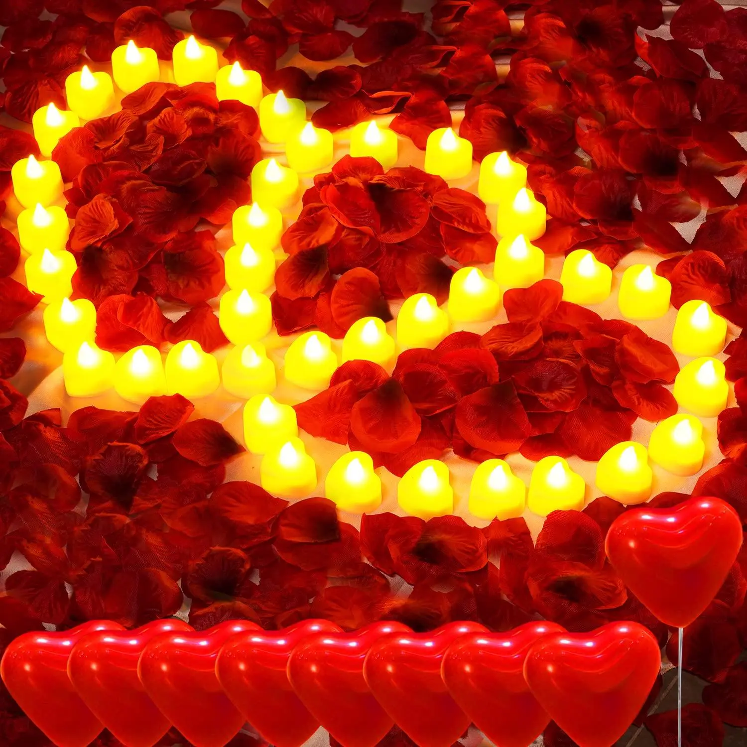 Valentine's Day Surprise Kit: 1000 Rose Petals, 30 Heart Balloons & 24 LED Tea Lights for Romantic Proposal, Anniversary, Wedding Table Scatter Decorations, Set, All-In-One Decor Kit Saves Planning