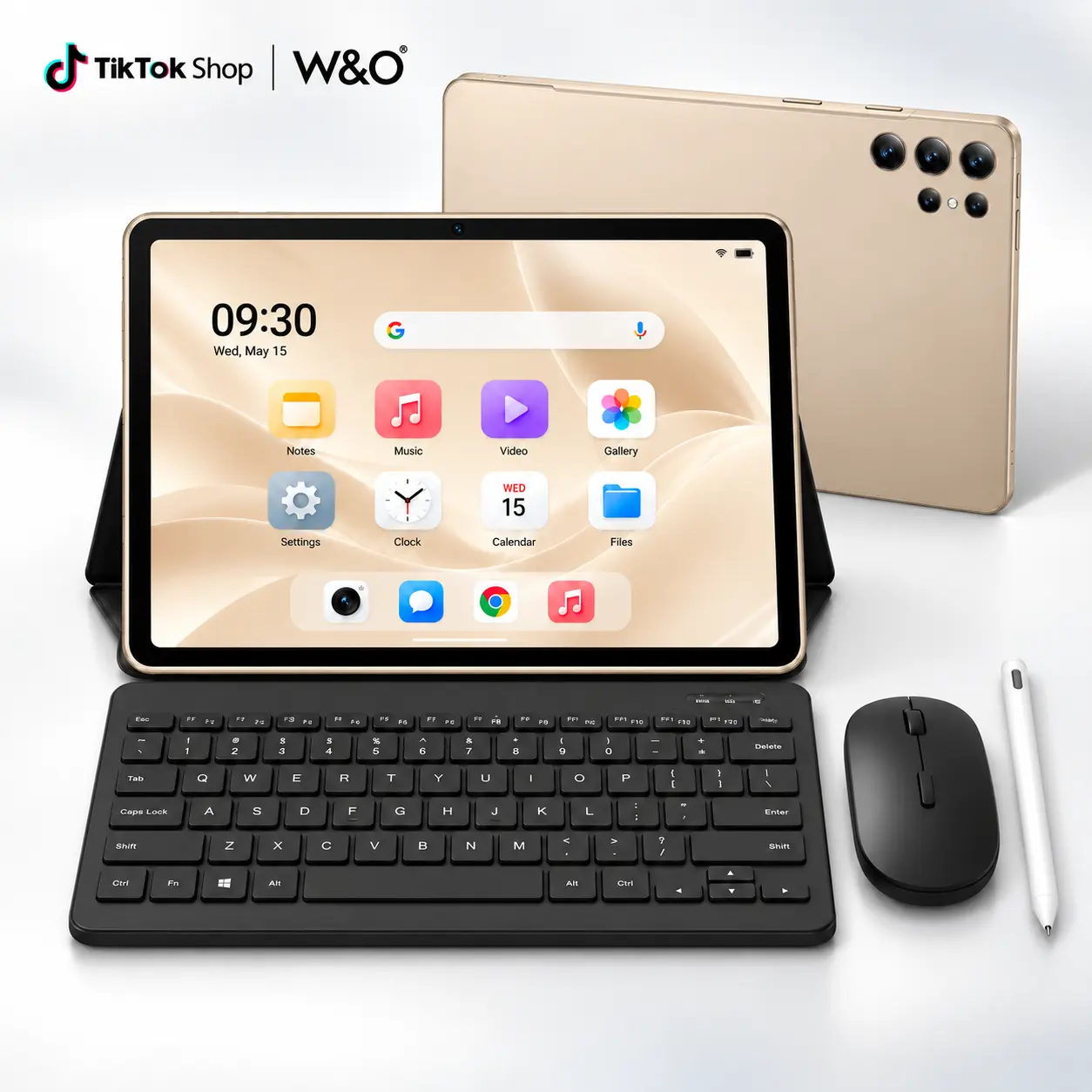 W&O X9 10.1" IPS LCD Android 15 Tablet with Keyboard, Octa-Core, 8GB RAM, 256GB Storage, 8000mAh Battery, Dual-Wifi, 16MP Camera, SIM & microSD Support, USB-C, 9-in-1 Set (Mouse, Stylus, Case) for Home Entertainment & Travel Gifts