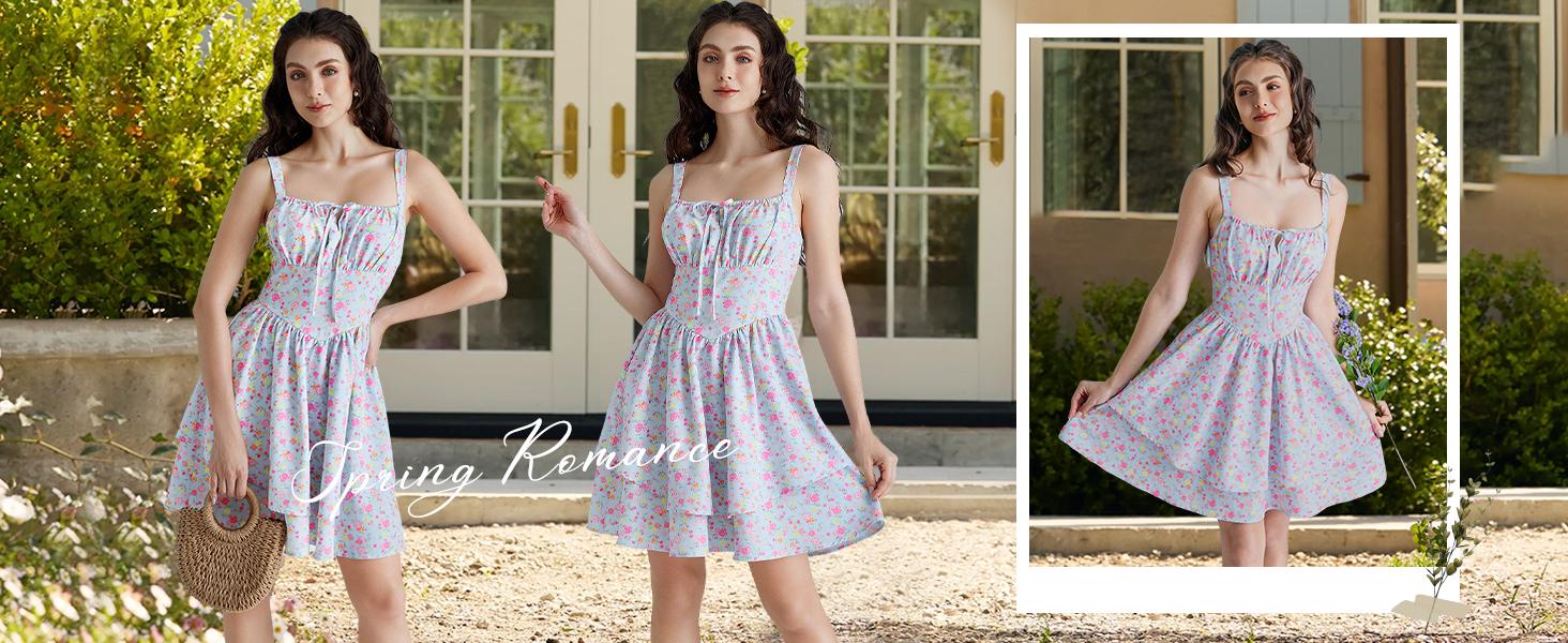 【Grace Karin】Grace Karin Floral Corset Mini Dress, Casual & Vacation Style, Spring Summer Daily Wear, S-2XL Inclusive Size, Plus Friendly 2XL, Flowy A-Line Sundress with Pockets