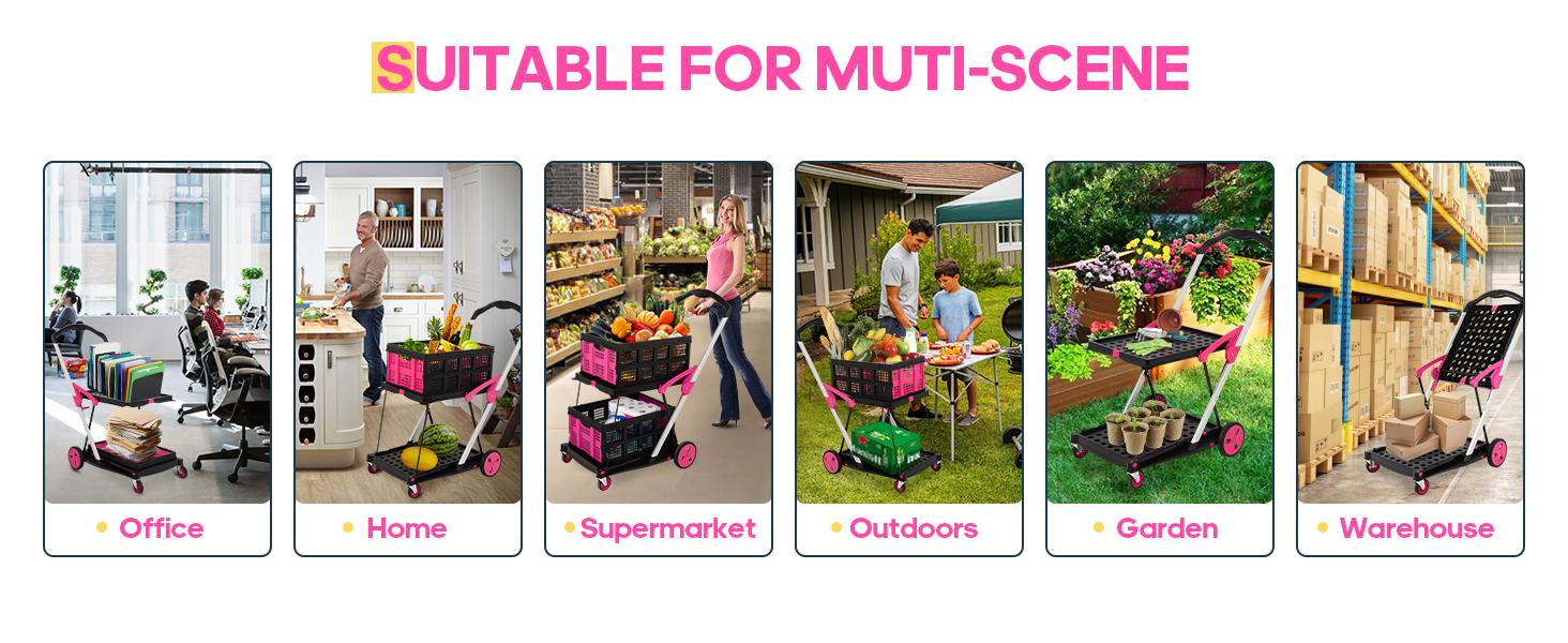 ULTIMATE Foldable Utility Cart with Wheels - 2-Layer Heavy Duty Folding Wagon for Grocery,Office & Garden, Multi-Functional Storage Trolley for Cosmetics,Luggage & Warehouse,4 Color Options (Blue/Full Pink/Black Pink/Purple)